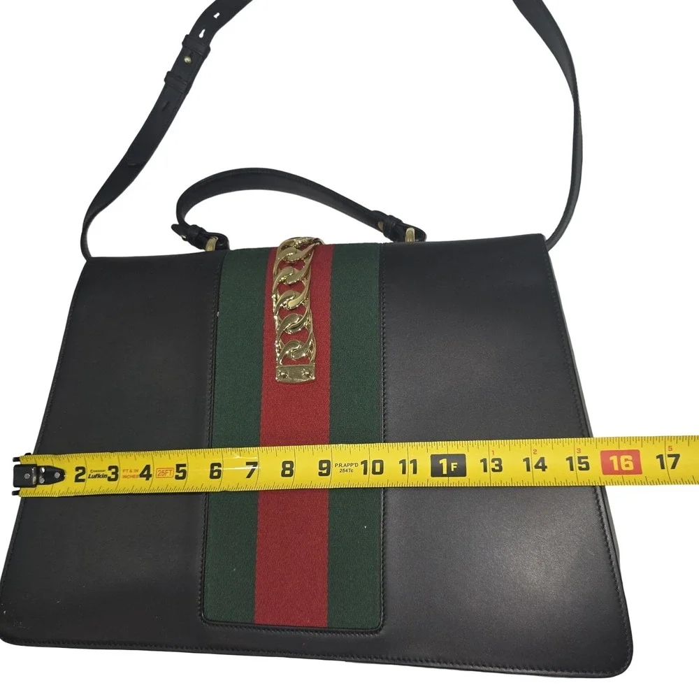 Gucci Sylvie 1969 leather handbag Maxi Size Black Striped Red Green Gold Chain